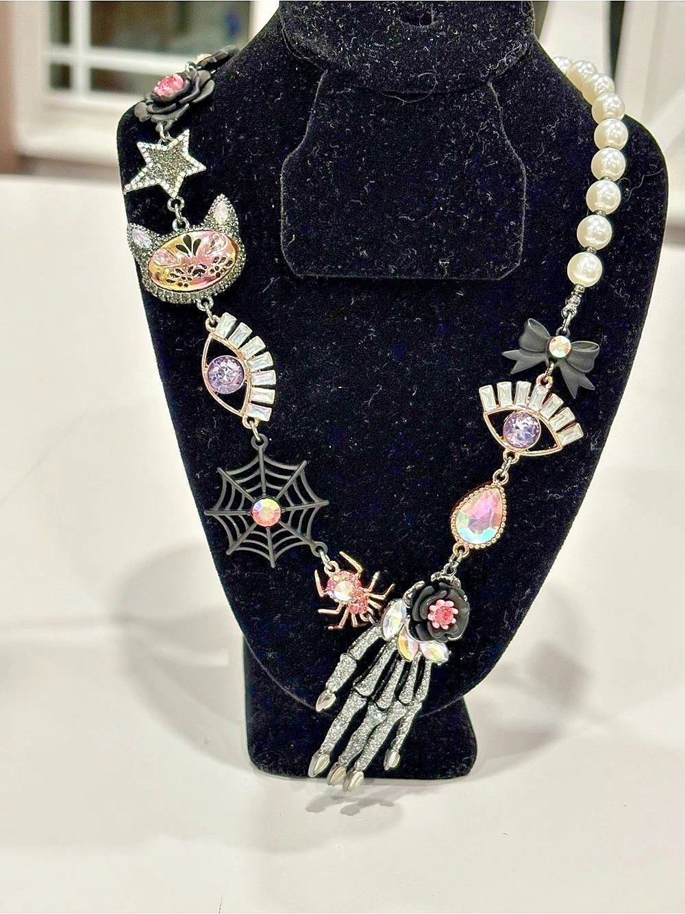 Betsey Johnson Skeleton Hand Cat Spiderweb Evil Eye Halloween Necklace NWT
